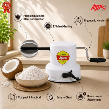 Coconut Scraper - Padmini Stainless Steel Vacuum Base (White) with Free Juicer Attachment