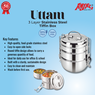 Uttam Stainless Steel Tiffin Box - Round Bottom